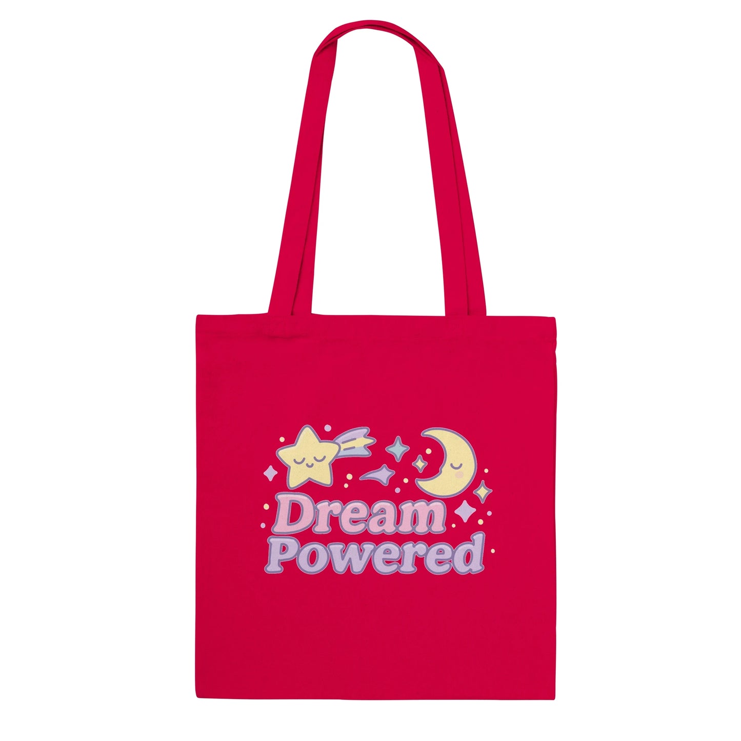 Red tote bag with kawaii moon and star design and 'Dream Powered' text on a white background