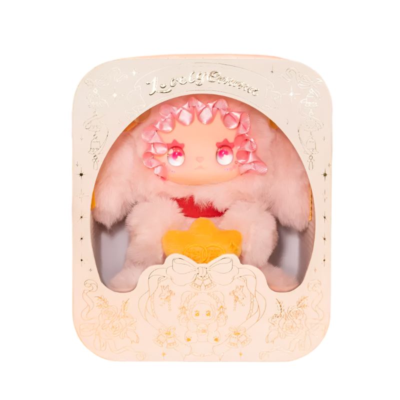 Pink lush toy in a decorative box on a white background