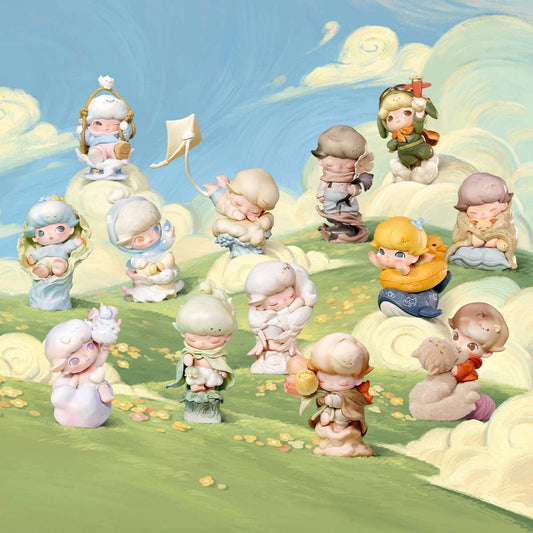 DIMOO Memories We Hold, the figures that you can get in blind boxes are displayed on a grassy hill with a blue sky in the background.