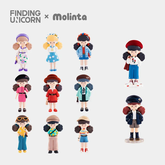 Collection of colorful figurines with 'Finding Unicorn' and 'Molina' branding on a light gray background.