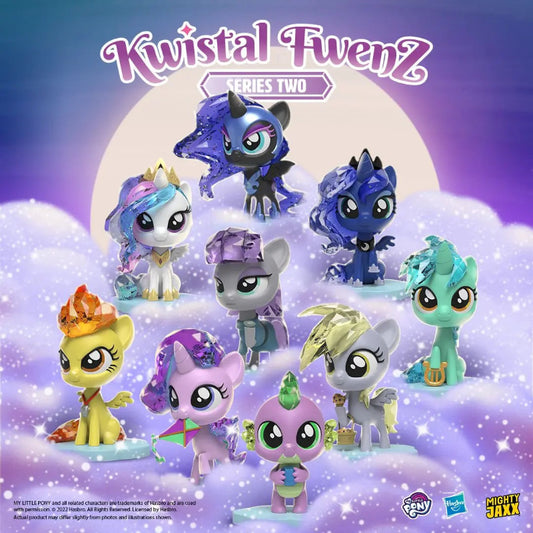 Collection of 'Kwystal Fwenz' toy figures on a purple background with 'Mighty Jaxx' branding.