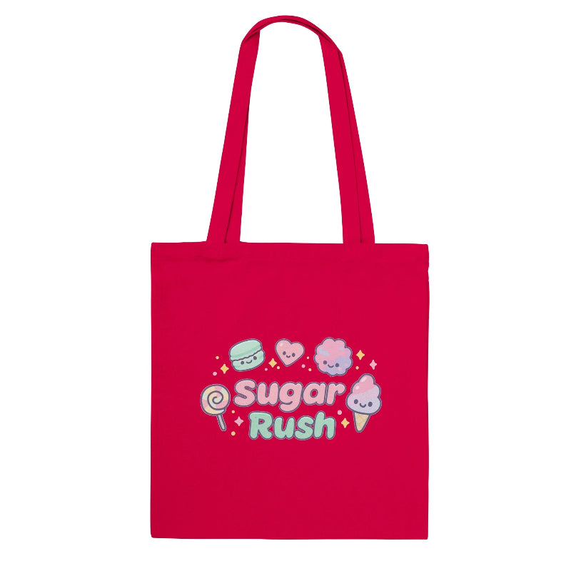 Red tote bag with 'Sugar Rush' text and candy graphics on a white background