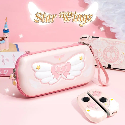 Kawaii Pink Nintendo Switch Case with wings on it on a pink table