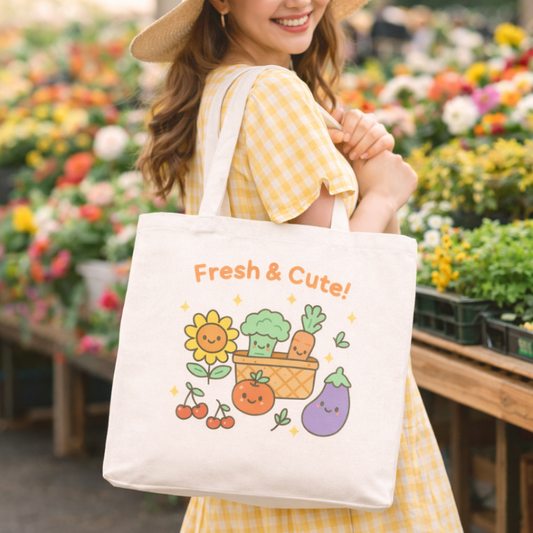 Women in a yellow sundress at a flower market holding a kawaii farmer's market bag