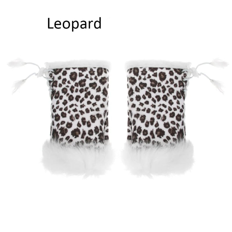 Pair of leopard print fingerless gloves with text 'Leopard' on a white background