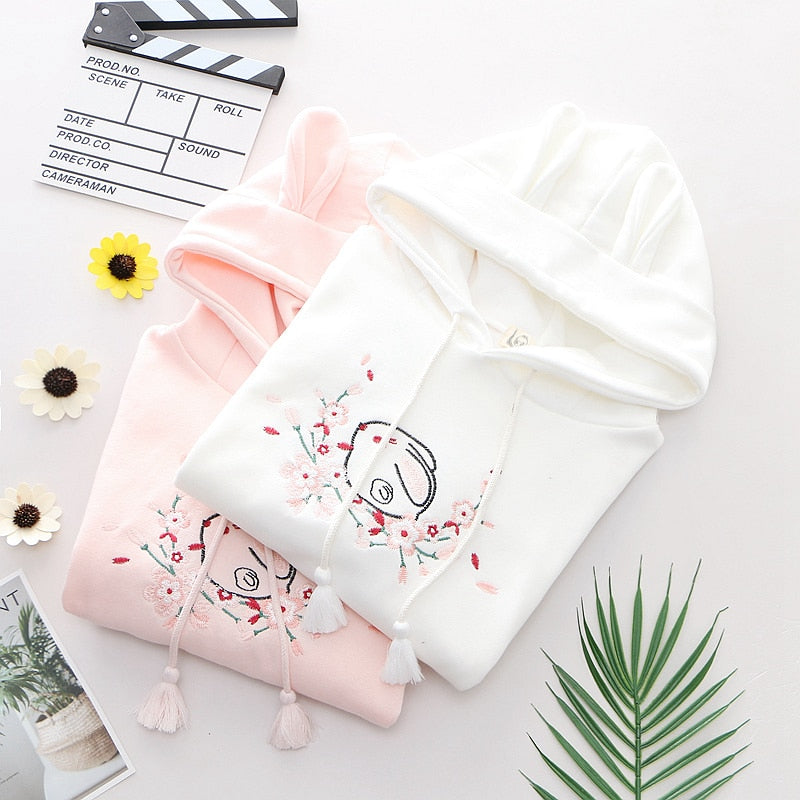 Kawaii Sakura Bunny Embroidered Hoodie