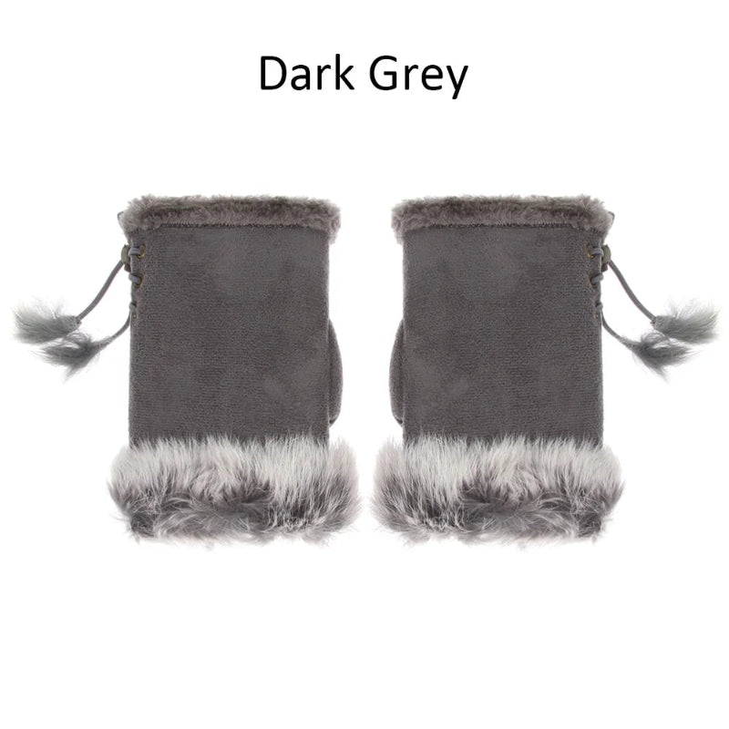 Dark grey fingerless gloves with fur trim on a white background