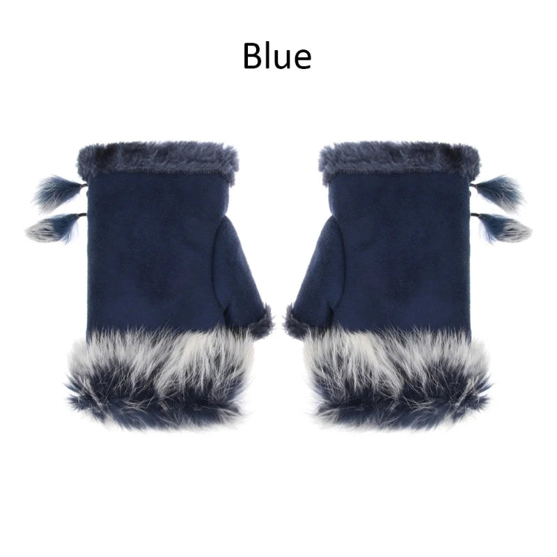 Blue fingerless gloves with fur trim on a white background