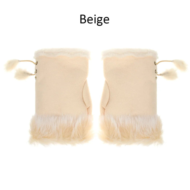 Beige fingerless gloves with fur trim on a white background