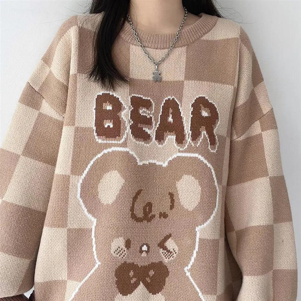 Kawaii Brown Plaid Bear Knit Sweater