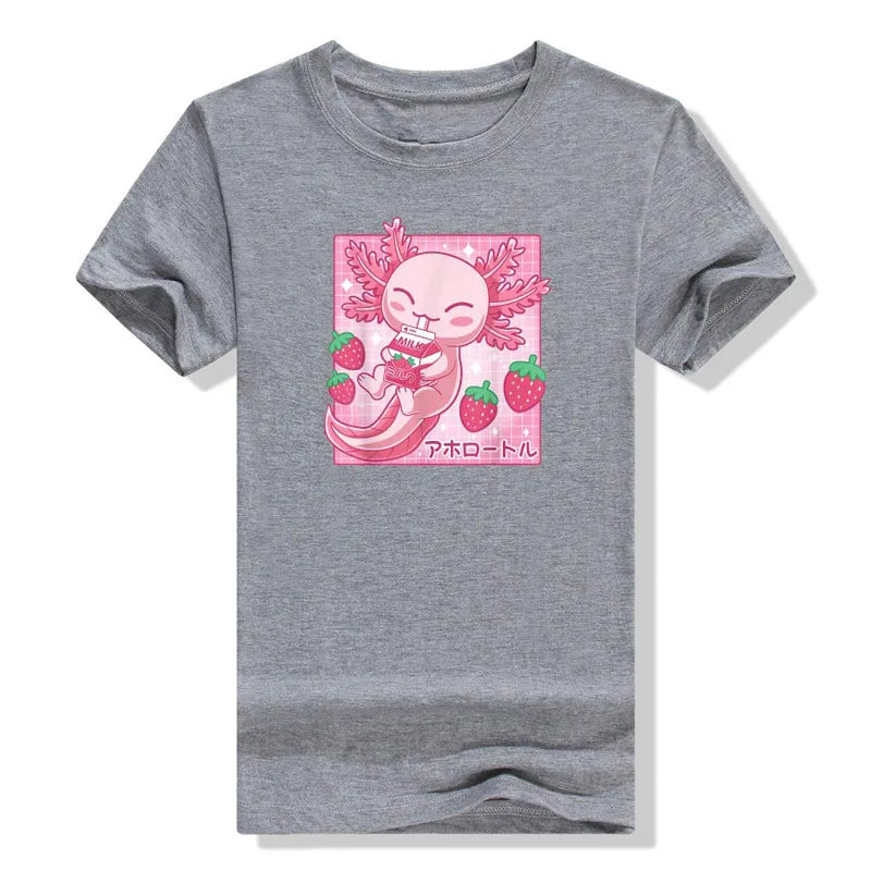 Kawaii Axolotl Strawberry Milk T-Shirt in Grey