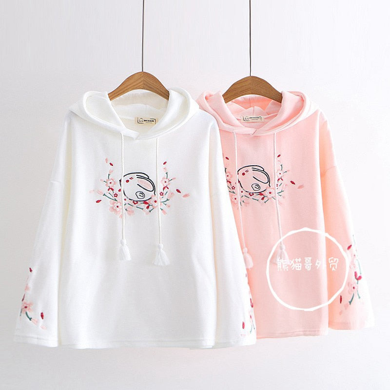 Kawaii Sakura Bunny Embroidered Hoodie