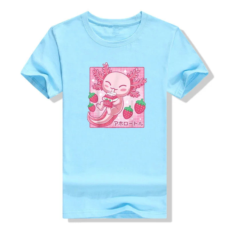 Kawaii Axolotl Strawberry Milk T-Shirt in Light Blue