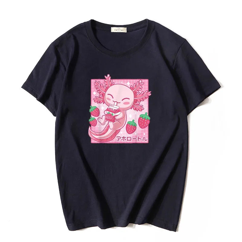 Kawaii Axolotl Strawberry Milk T-Shirt in Black