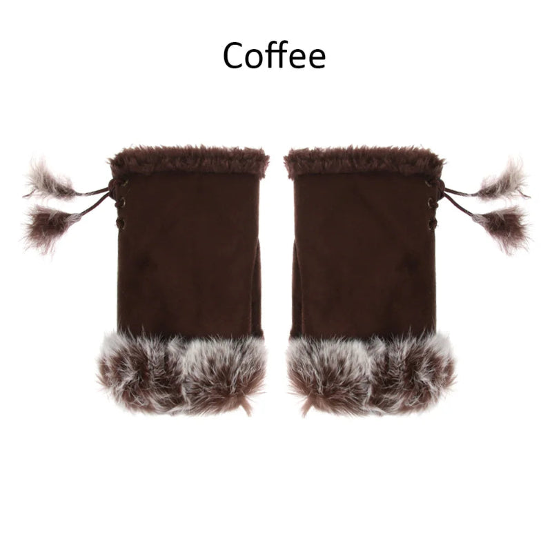 Pair of brown fingerless gloves with fur trim on a white background
