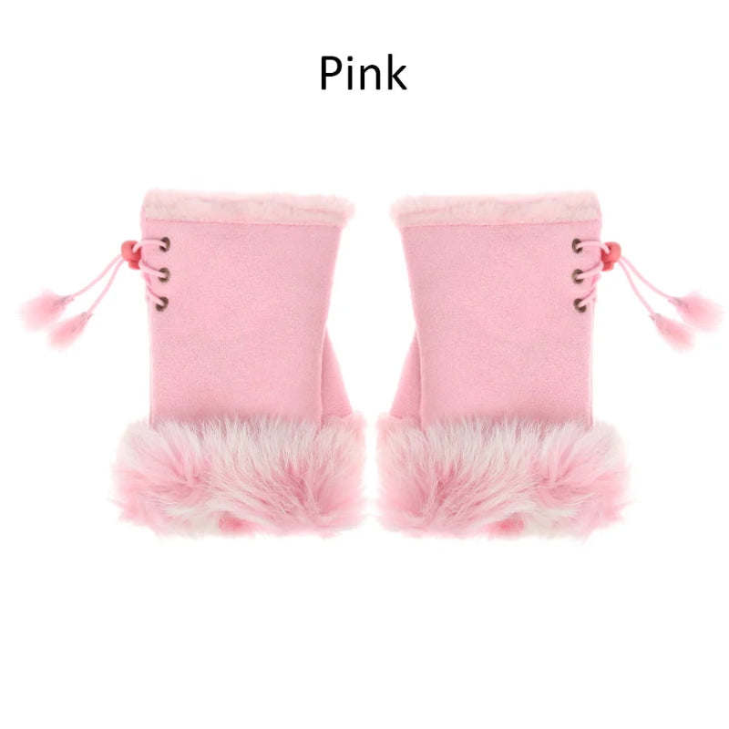 Pink fingerless gloves with fur trim on a white background