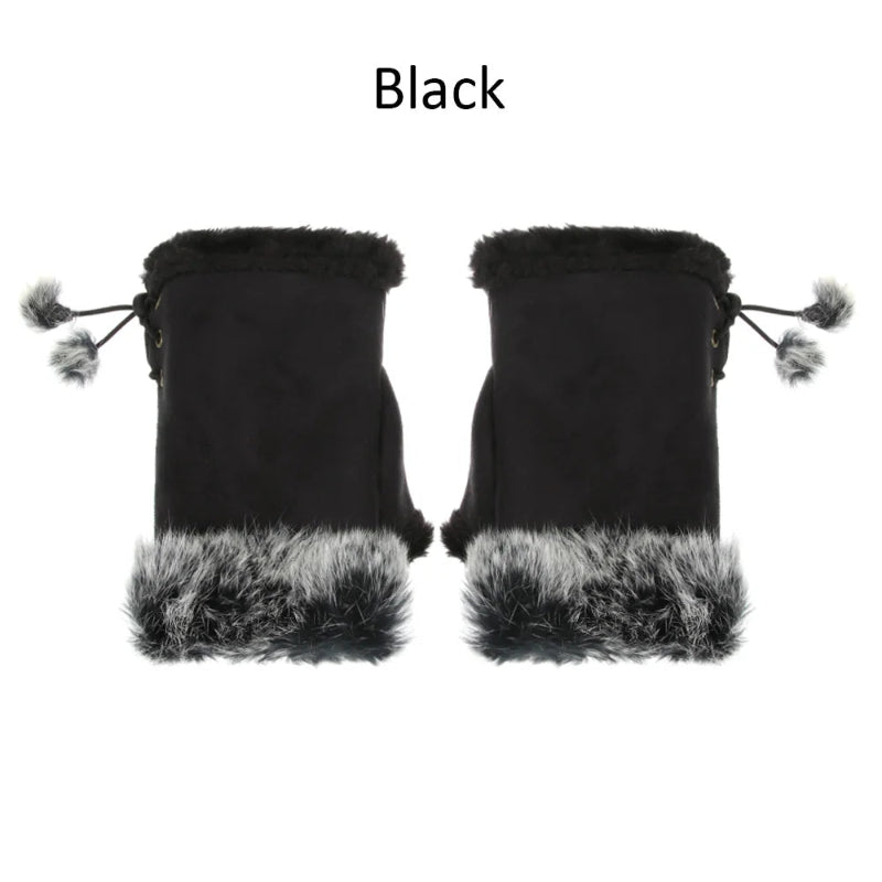 Black fingerless gloves with fur trim on a white background