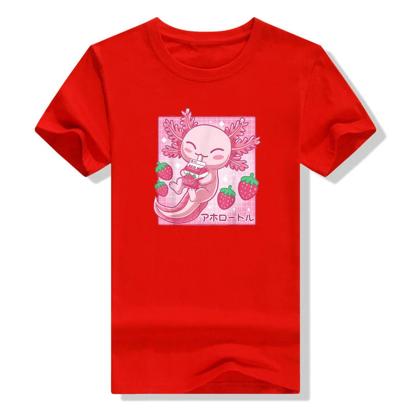 Kawaii Axolotl Strawberry Milk T-Shirt