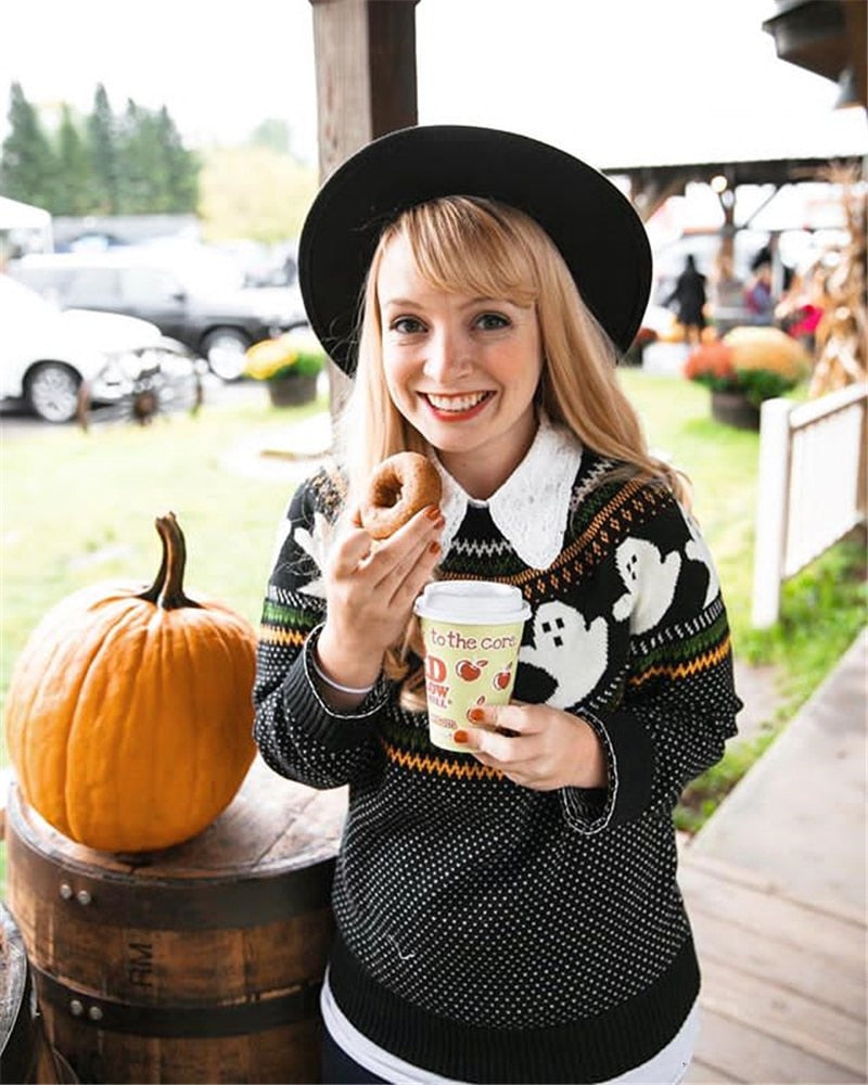 Kawaii Ghost Pattern Knit Sweater in Black