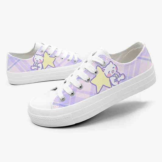 Pair of sneakers with Kawaii character and star design on a white background