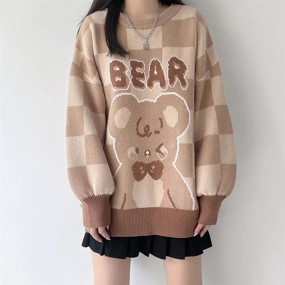 Kawaii Brown Plaid Bear Knit Sweater