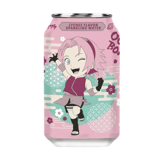 Ocean Bomb Naruto Sakura Lychee Sparkling Water, super cute anime picture and the can is displayed on a white background