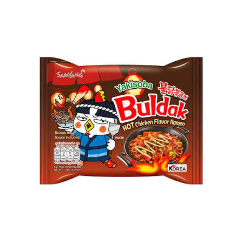 Samyang Buldak Yakishoba Spicy Ramen packaging displayed on a white background