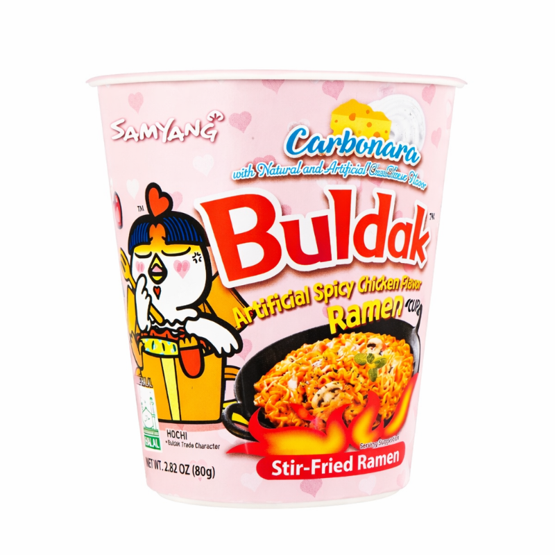 Samyang Buldak Spicy Carbonara Ramen Cup displayed on a white background