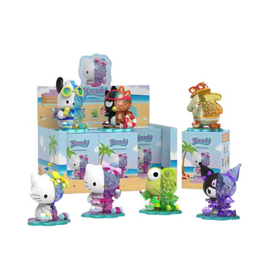 Collection of colorful Sanrio figurines with boxes in the background