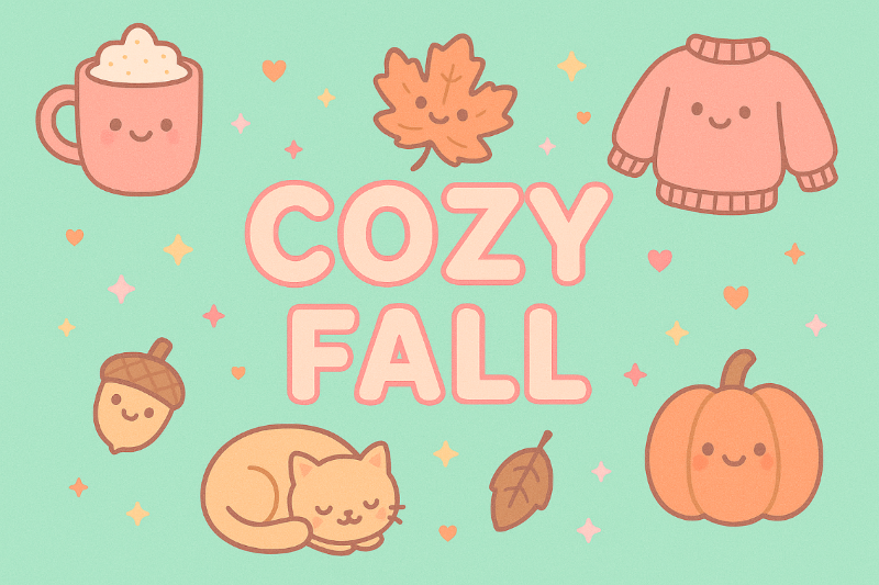 Cartoon illustrations of a mug, sweater, pumpkin, acorn, and cat with the text 'COZY FALL' on a light green background.