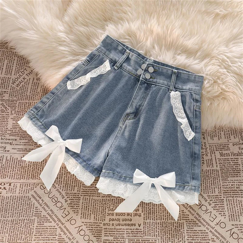 Jean Shorts With Lace Trim – Kore Kawaii