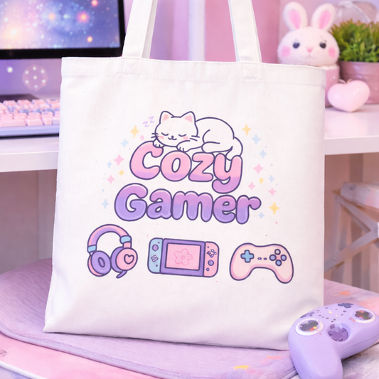 Tote bag with 'Cozy Gamer' design featuring a cat, gaming console, and controller on a desk.