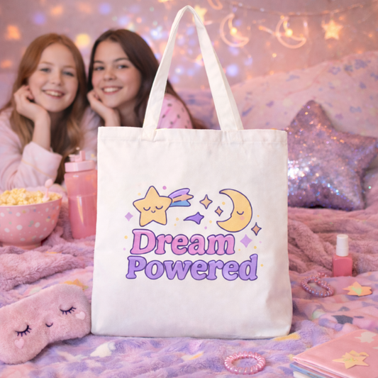 Tote bag with 'Dream Powered' design in a cozy room with two people and snacks.
