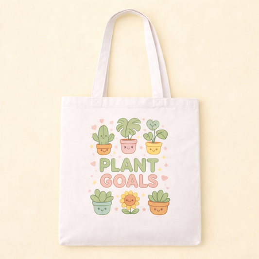 Kawaii Gardeing Tote Bag with cute House plants illustration and text that says "Plant Goals"