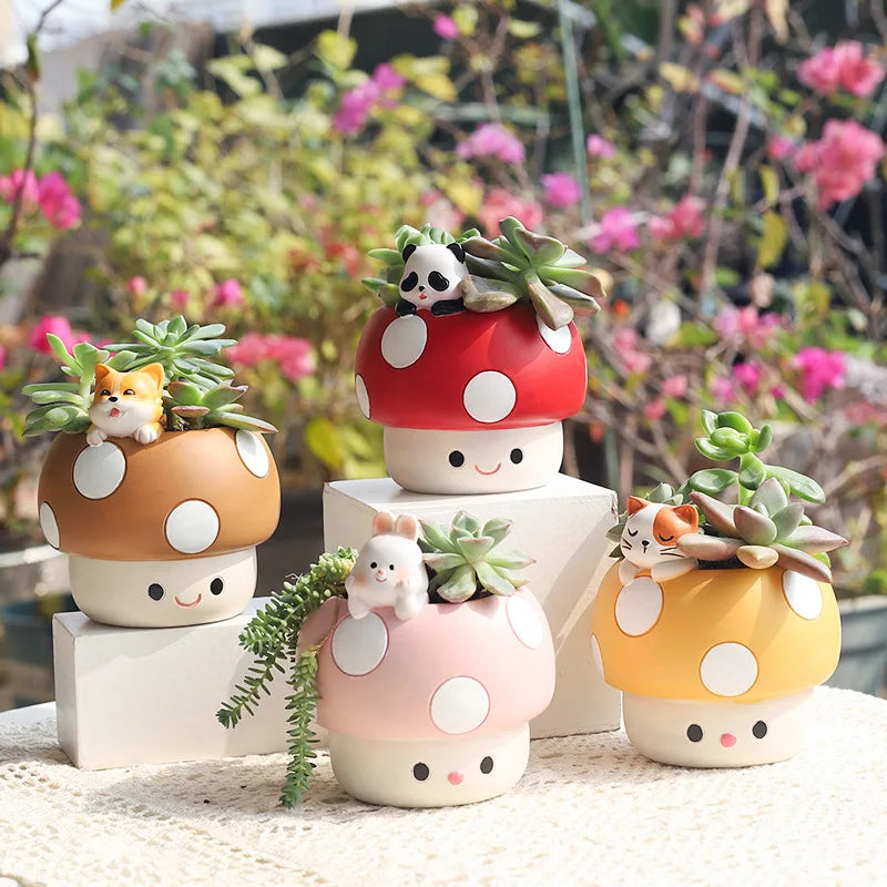 Set of four mushroom-shaped planters with cute animal figurines on a blurred floral background
