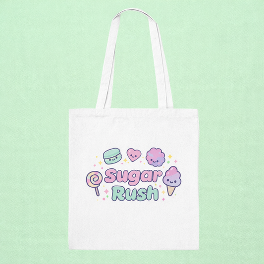 White tote bag with 'Sugar Rush' design on a light green background