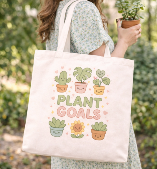 Tote bag with kawaii plant-themed design held by a person in an outdoor setting
