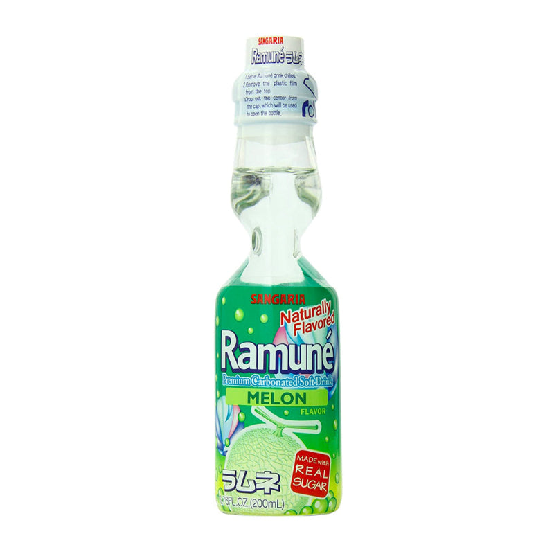 Sangaria Ramune Melon in glass bottle displayed on a white background