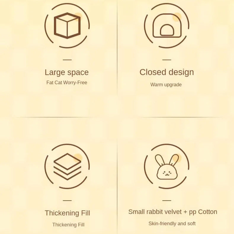 Product features with icons and text on a beige background