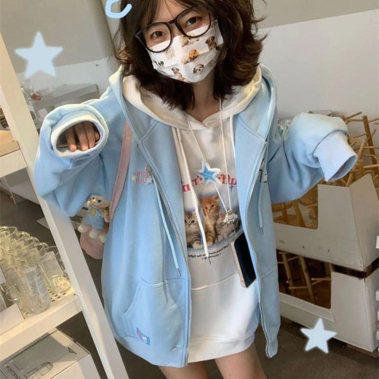 Kawaii Fleece Zip Up Hoodie in Blue