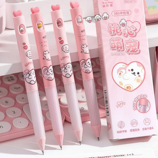 Set of pink pens with kawaii designs and packaging on a white background