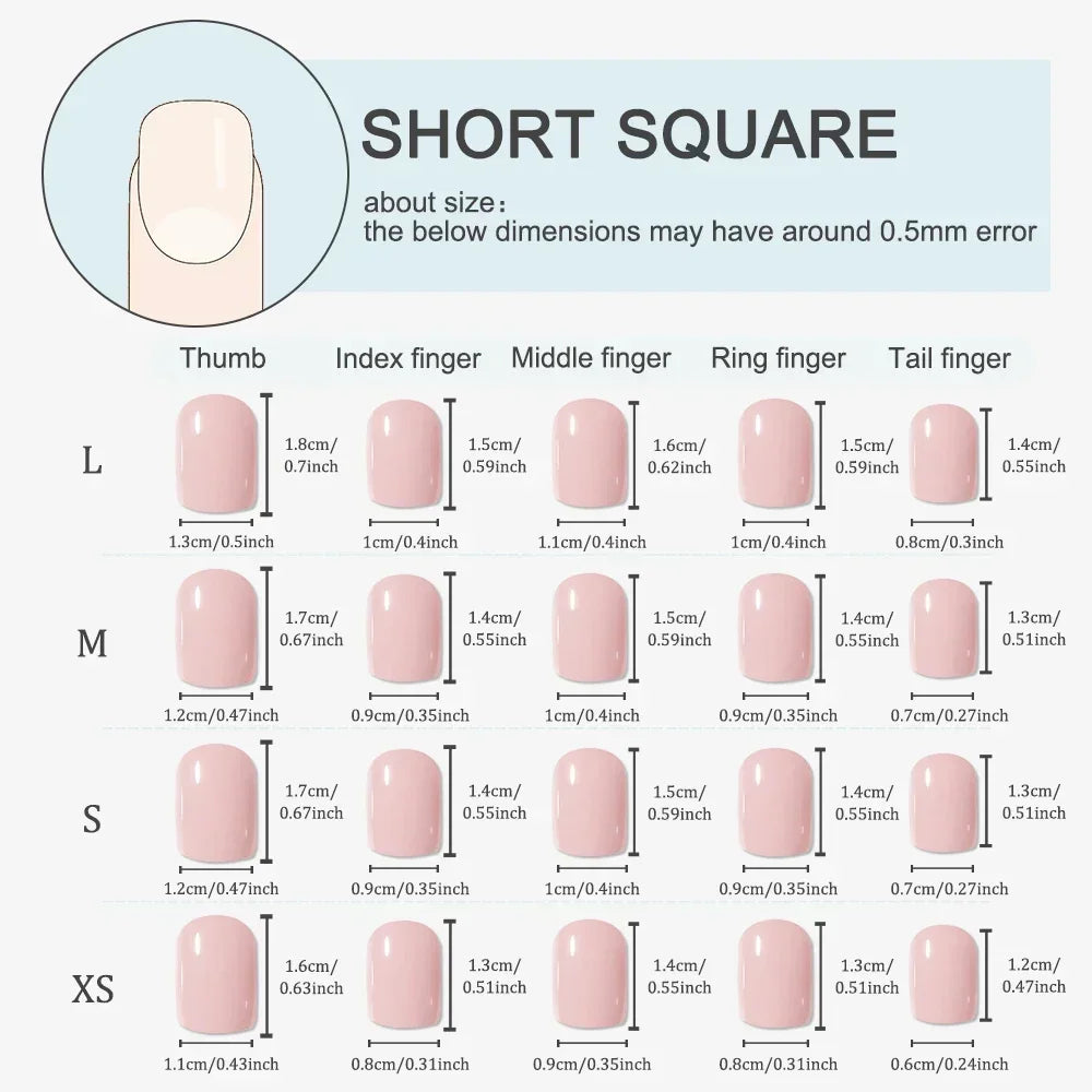 Size guide for press on nails.