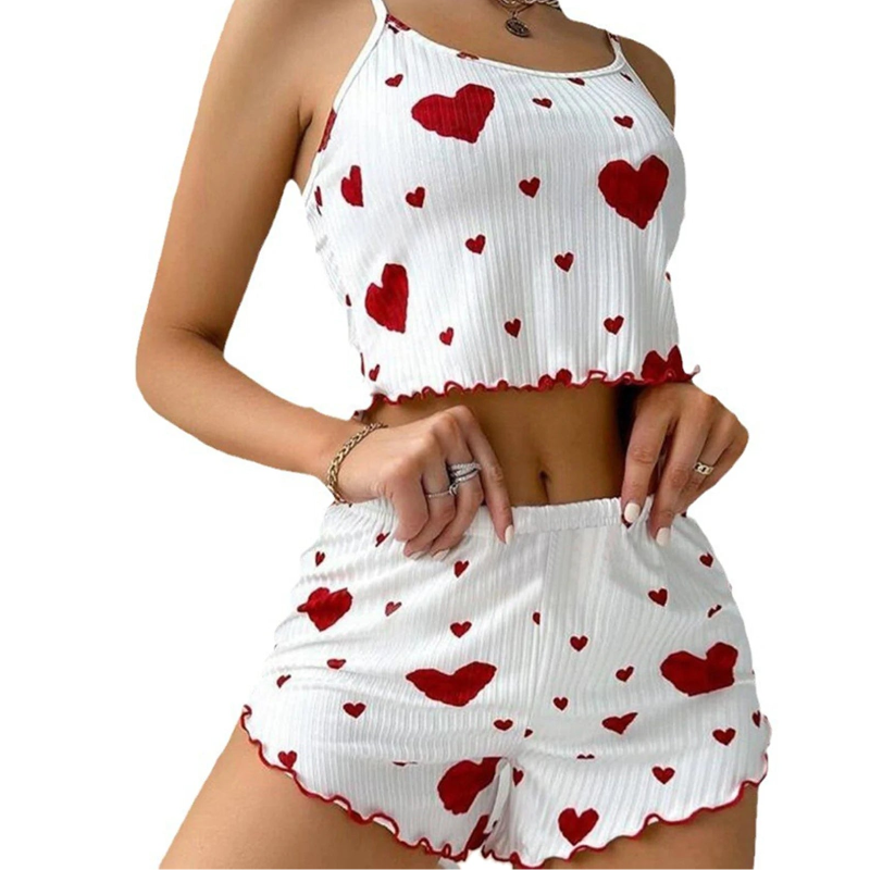 Kawaii Sweet Heart Pajama Top & Shorts set red front view