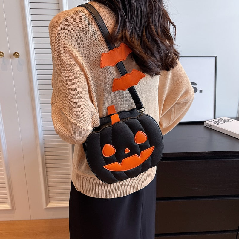 Model Wearing Kawaii Spooky Pumpkin Purse in Black