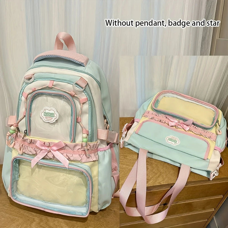 Pastel-colored backpack and tote bag with pink straps on a wooden surface.