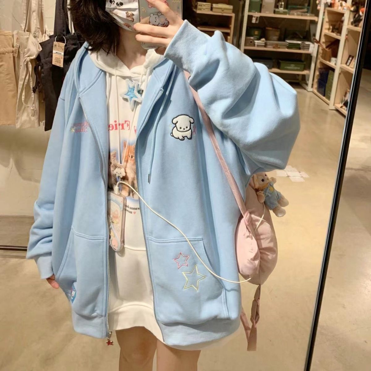Kawaii Fleece Zip Up Hoodie in Blue