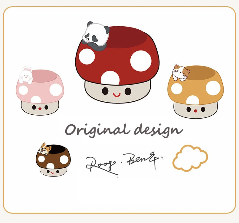 Illustrations of cartoon mushrooms with animal characters on a white background.