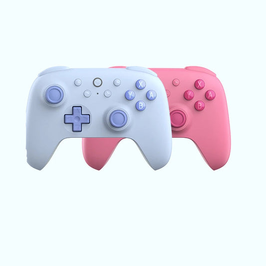 Two gaming controllers, one white and one pink, with SBitDo branding on a light blue background.
