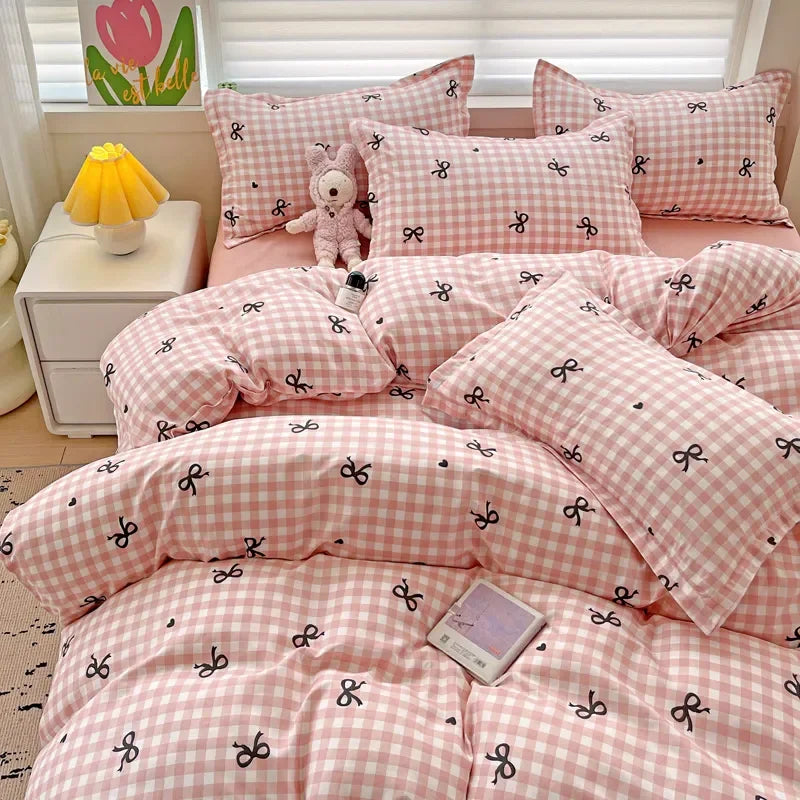 Kawaii pink, white and black bow checkered Gingham Bedding Set.