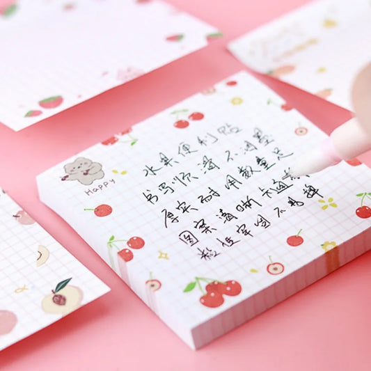kawaii sticky note pad with cherry illustrations on a pink background